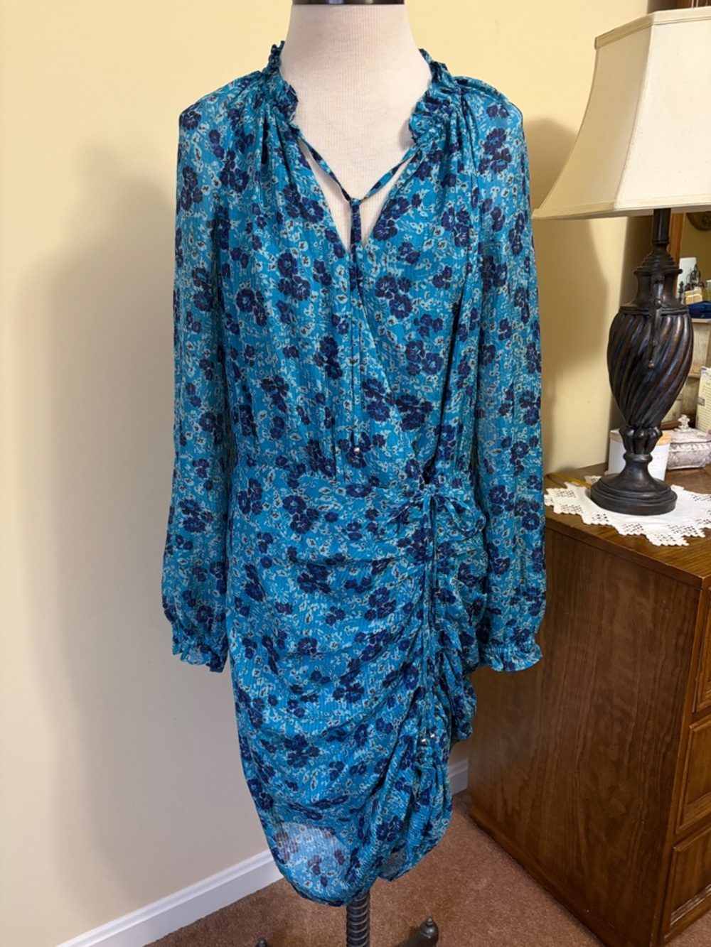 Veronica Beard Teal Floral Long-Sleeve Wrap Dress